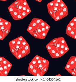 Dice, gaming, casino seamless pattern with red cubes isolated on black background. Gambling wallpaper.	