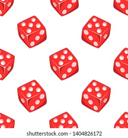 Dice, gaming, casino seamless pattern with red cubes isolated on white background. Gambling wallpaper.