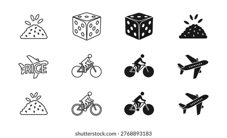 Dice, grains, cyclists, and airplanes in a stylized icon grid layout