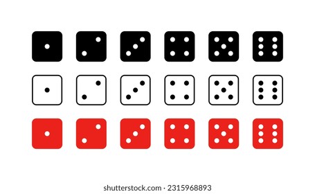 Dice graphic icons set. Red, white, black.