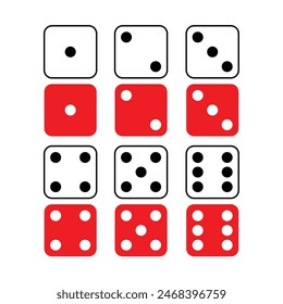 Conjunto de iconos gráficos de dados, Vector de color rojo y blanco ludo dados. un Grande juego de dados. objetos de juego para jugar en el casino