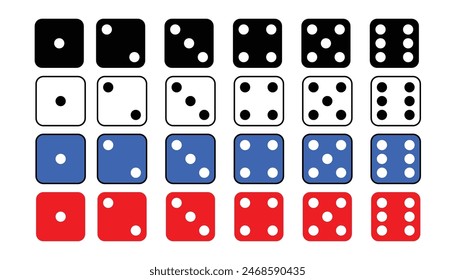 Dice graphic icons set, red, blu, black and white color vector ludo dice. a large set of blue dice. gambling objects to play in casino