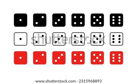 Dice graphic icons set. Red, white, black.