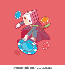 Dice head character surfing a casino chip vector illustration. Gaming, luck, money design concept.