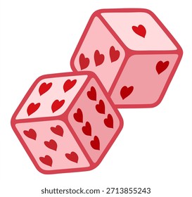 Dice with hearts on a white background. Happy valentine’s day concept. Cute pink and hearts love dice. For romantic themes, party decor, digital art, and creative projects. Vector cartoon illustration