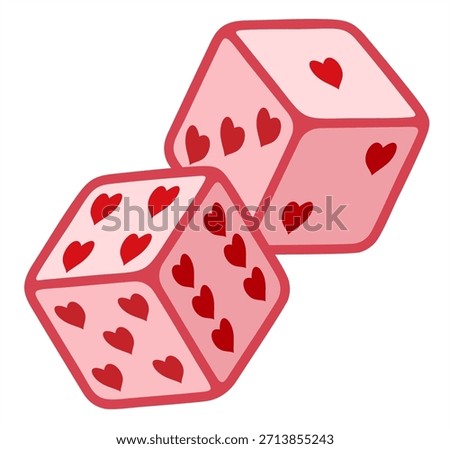 Dice with hearts on a white background. Happy valentine’s day concept. Cute pink and hearts love dice. For romantic themes, party decor, digital art, and creative projects. Vector cartoon illustration