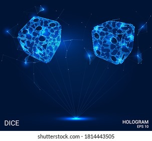 Dice hologram. Dice of polygons, triangles of points, and lines. Dice is a low-poly compound structure. The technology concept.