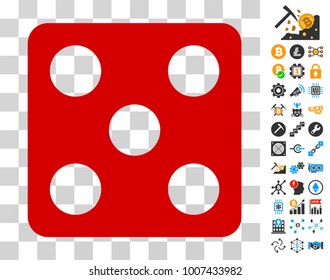 Dice icon with bonus bitcoin mining and blockchain pictographs. Vector illustration style is flat iconic symbols. Designed for crypto-currency apps.