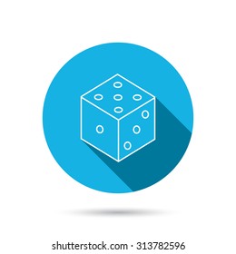 Dice icon. Casino gaming tool sign. Winner bet symbol. Blue flat circle button with shadow. Vector