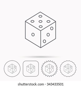 Dice icon. Casino gaming tool sign. Winner bet symbol. Linear circle, square and star buttons with icons.