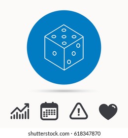Dice icon. Casino gaming tool sign. Winner bet symbol. Calendar, attention sign and growth chart. Button with web icon. Vector