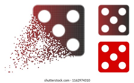 Dice icon in dispersed, pixelated halftone and undamaged solid versions. Pieces are arranged into vector sparkle dice icon.