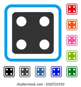 Dice icon. Flat gray pictogram symbol in a blue rounded rectangular frame. Black, grey, green, blue, red, pink color versions of dice vector. Designed for web and app UI.