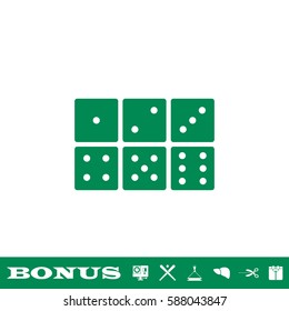 Dice icon flat. Green pictogram on white background. Vector illustration symbol and bonus button