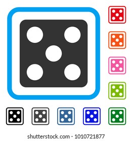 Dice icon. Flat grey iconic symbol inside a blue rounded rectangular frame. Black, gray, green, blue, red, orange color additional versions of dice vector. Designed for web and application interfaces.