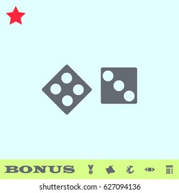Dice icon flat. Grey pictogram on blue background. Vector illustration symbol and bonus buttons medal, cow, earth, eye, calculator