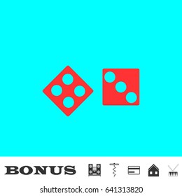 Dice icon flat. Red pictogram on blue background. Vector illustration symbol and bonus buttons Music center, corkscrew, credit card, house, drum