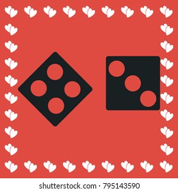 Dice icon flat. Simple black pictogram on red background with white hearts for valentines day. Vector illustration symbol
