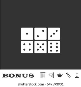 Dice icon flat. White pictogram on black background. Vector illustration symbol and bonus icons
