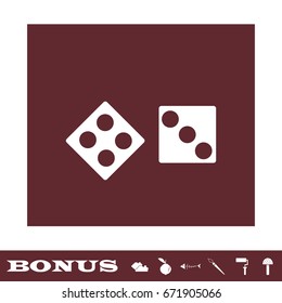 Dice icon flat. White pictogram on brown background. Vector illustration symbol and bonus icons