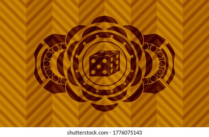 icono de dados dentro de la insignia realista naranja abstracta. Fondo geométrico clásico. Ilustración. 