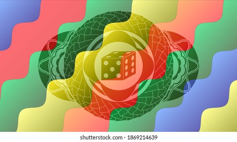 dice icon inside Colorful candy multicolored realistic badge. Curvy luxurious background. Intense illustration. 