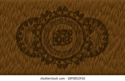 dice icon inside Fur realistic badge. Animal delicate background. Vector illustration. 