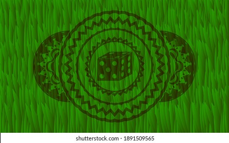 dice icon inside grass turf emblem. Eco fashionable background. Illustration. 