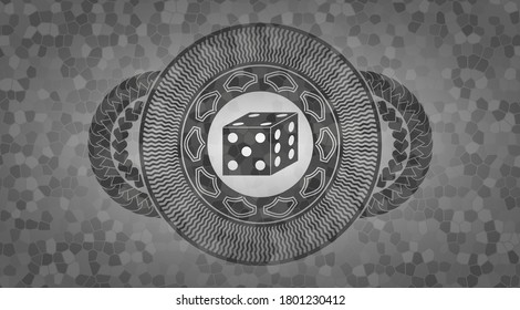 dice icon inside grey stone wall badge. Rock fancy background. Vector illustration. 