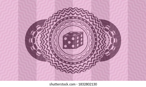 dice icon inside pink wavy emblem. Curve fashionable background. Vector illustration. 