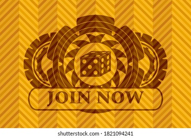 dice icon and Join now text orange realistic emblem. Geometric fancy background. Vector illustration. 