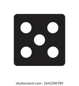 Dice Icon on Black Button with White Rollover A clear and simple black die displaying the number five with distinct white pips, ideal for gaming or numerical concepts