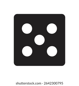 Dice Icon on Black Button with White Rollover A clear and simple black die displaying the number five with distinct white pips, ideal for gaming or numerical concepts