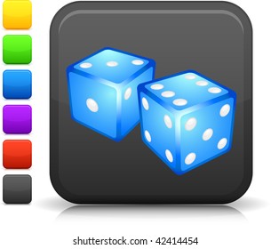 dice icon on square internet button  Six color options included.