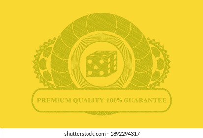 dice icon and Premium quality 100% guarantee text Yellow stroke emblem. chic Lemon colored background. Illustration. 