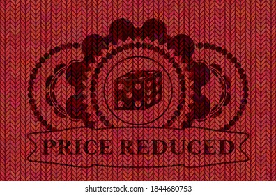 dice icon and Price Reduced text Red wool badge. Cloth classic background. Illustration. 