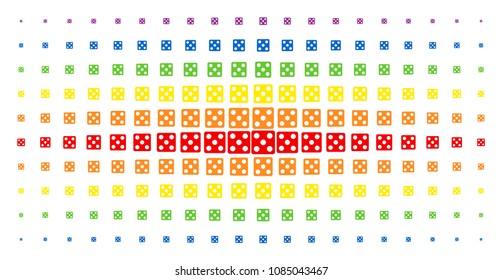 Dice icon rainbow colored halftone pattern. Vector dice pictograms are arranged into halftone array with vertical spectrum gradient. Designed for backgrounds, covers, templates and abstract concepts.