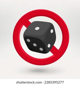 Dice icon in red circle with crossed line. No gamebling concept. 3d vector icon 
