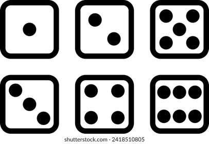 Dice icon set. Dice from 1 to 6. Simple vector illustration. Transparent background, black lines.