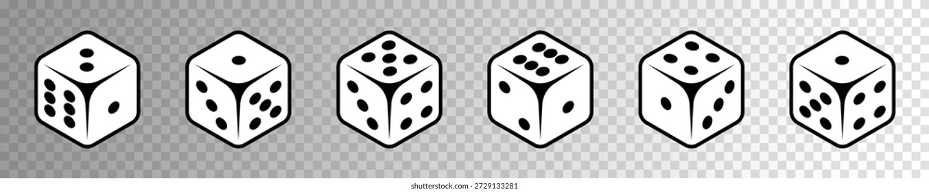 Conjunto de iconos de dados. Color blanco y negro. Iconos de dados. Casino, póquer, juego, concepto de juegos de mesa. Jugando signo de dados, símbolo. Diseño plano. Ilustración vectorial. aislado en un fondo transparente png.