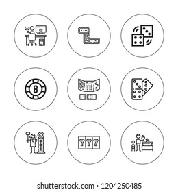 Dice icon set. collection of 9 outline dice icons with casino, dices, domino, gambler, game, gaming icons. editable icons.