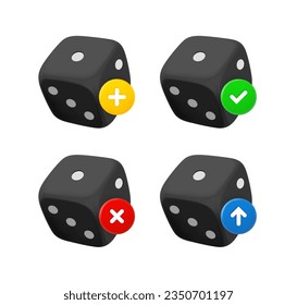 Dice icon set with different pictograms. 3d vector icons set
