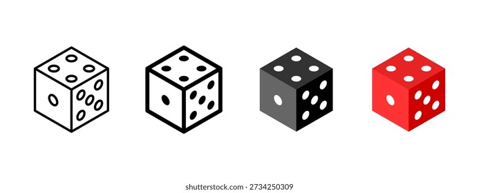 Dice icon set in outline and filled styles. Gambling and board game cube with dots symbol. Casino, luck, chance and random roll concept. Game probability, risk and entertainment pictogram.