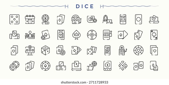 Conjunto de iconos de dados. Paquete de póquer, tragamonedas, jackpot, juegos de azar, apuestas, cartas, dados y más. Conjunto de iconos delgados. Señales para Web y App móvil. Conjunto de iconos de póquer.