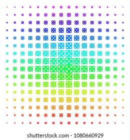 Dice icon spectrum halftone pattern. Vector dice symbols arranged into halftone grid with vertical rainbow colors gradient. Designed for backgrounds, covers and abstract concepts.