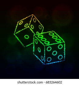 Dice icon. Two game dices, casino symbol lights silhouette design on dark background. Vector illustration. Glowing Lines and Points. Gradient color.