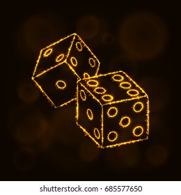 Dice icon. Two game dices, casino symbol lights silhouette design on dark background. Vector illustration. Glowing Lines and Points. Gold color.