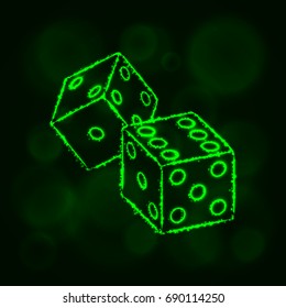 Dice icon. Two game dices, casino symbol lights silhouette design on dark background. Vector illustration. Glowing Lines and Points. Green color.