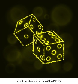 Dice icon. Two game dices, casino symbol lights silhouette design on dark background. Vector illustration. Glowing Lines and Points. Yellow color.