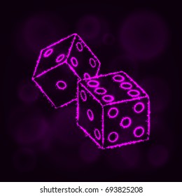 Dice icon. Two game dices, casino symbol lights silhouette design on dark background. Vector illustration. Glowing Lines and Points. Magenta color.